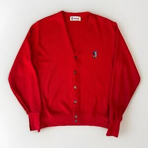 Vintage Disney Mickey Mouse Cardigan L Red Acrylic Sweater Minimalist Orlando